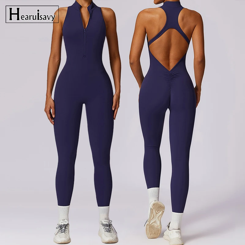 Summer V Back One-piece Suit Women Sports Jumpsuit Zippers Yoga Rompers Backles…