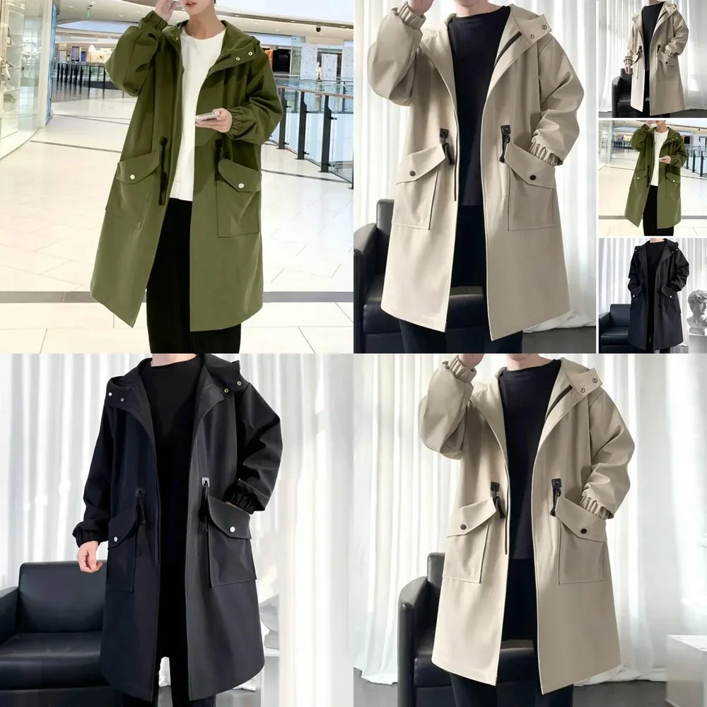 

Мужской длинный плащ с капюшоном, повседневная куртка для уличной одежды, черный, зеленый, хаки