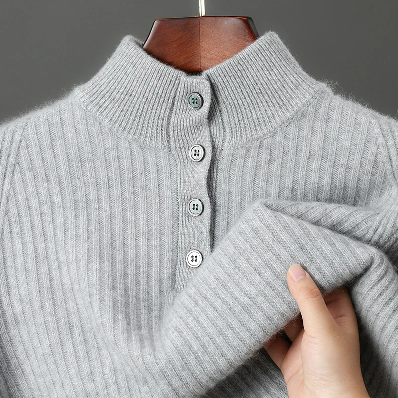 Men's 100 Cashmere Knitted Sweater High Neck Thick Pullover Autumn Winter Semi Open Button Casual Warm for Middle-Aged And Young