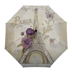 Eiffel Tower Flowers Butterfly Creative Umbrella Rain Women Automatic Three Folding Umbrellas Windproof Parasol Parapluie