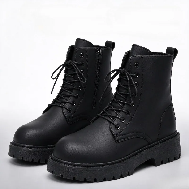 BArMen'sritish Style Thick Sole Height Increasing Ankle Boots, Black High Top Leather Casual Boots for Spring Autumn Wear