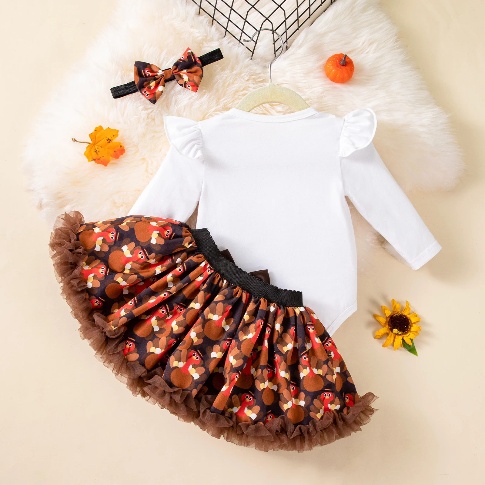 Baby Girl Thanksgiving Outfit 3Pcs Long Sleeve Turkey Print Romper Tutu Skirt Headband Infant Holiday Clothes