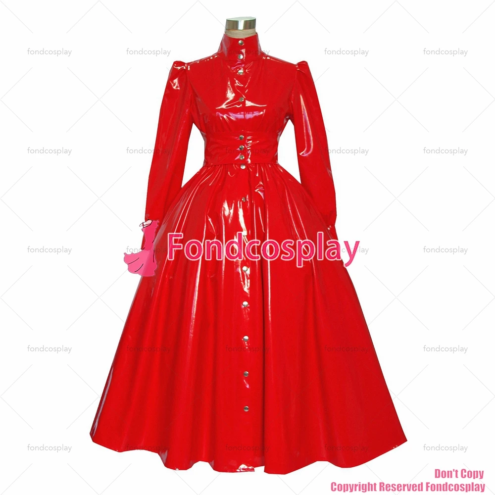 fondcosplay adult sexy cross dressing sissy maid long Gothic Lolita Punk Red heavy Pvc Buttons Dress Costume CD/TV[G379]