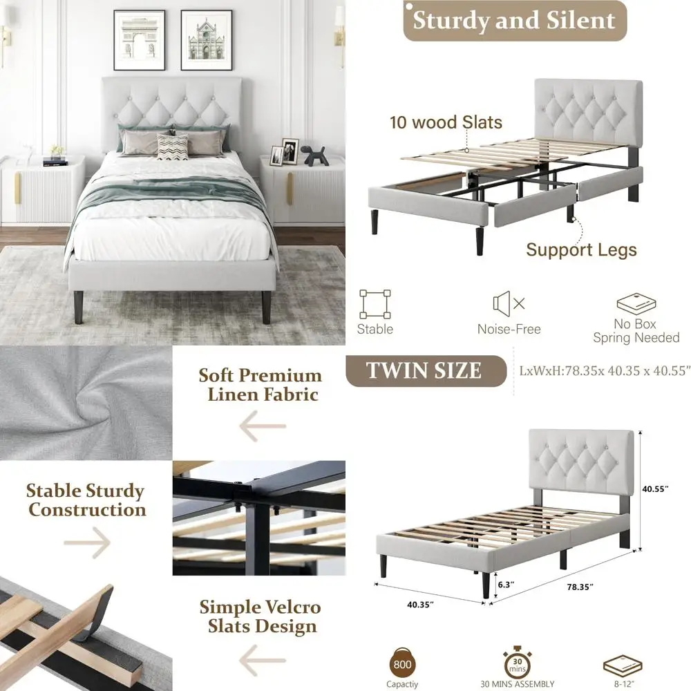 

Twin-Sized Upholstered Platform Bed with Button-Tufted Headboard, Wooden Slats, No Box Spring Required, Easy Assembly