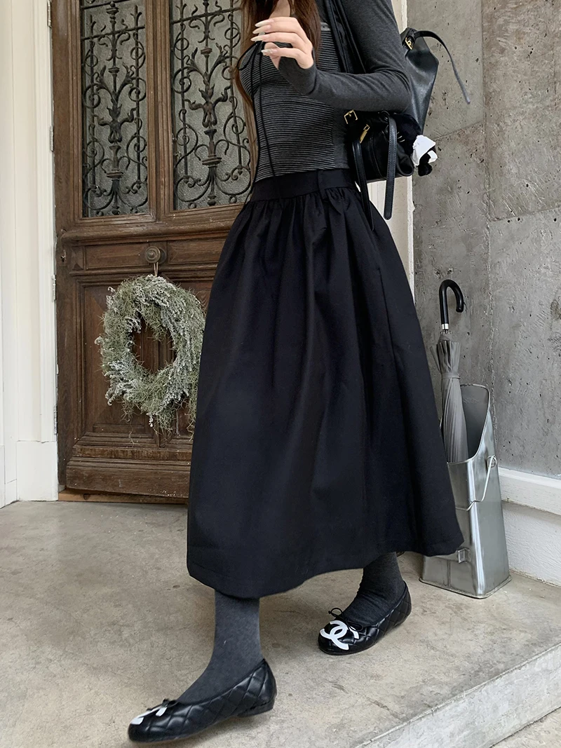 Kumikumi High Waist Simple Pure Color Versatile Elegant Midi Skirt Women's Autumn Slimming Fluffy Long Skirt