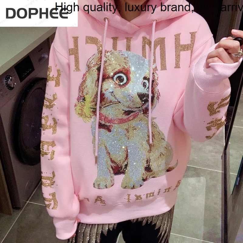 

Women Luxury Streetwear Sweatshirt 2023 New Autumn Winter Blingbling Cartoon Dog Wings Hooded Top Fleece Yellow Hoodie Casual