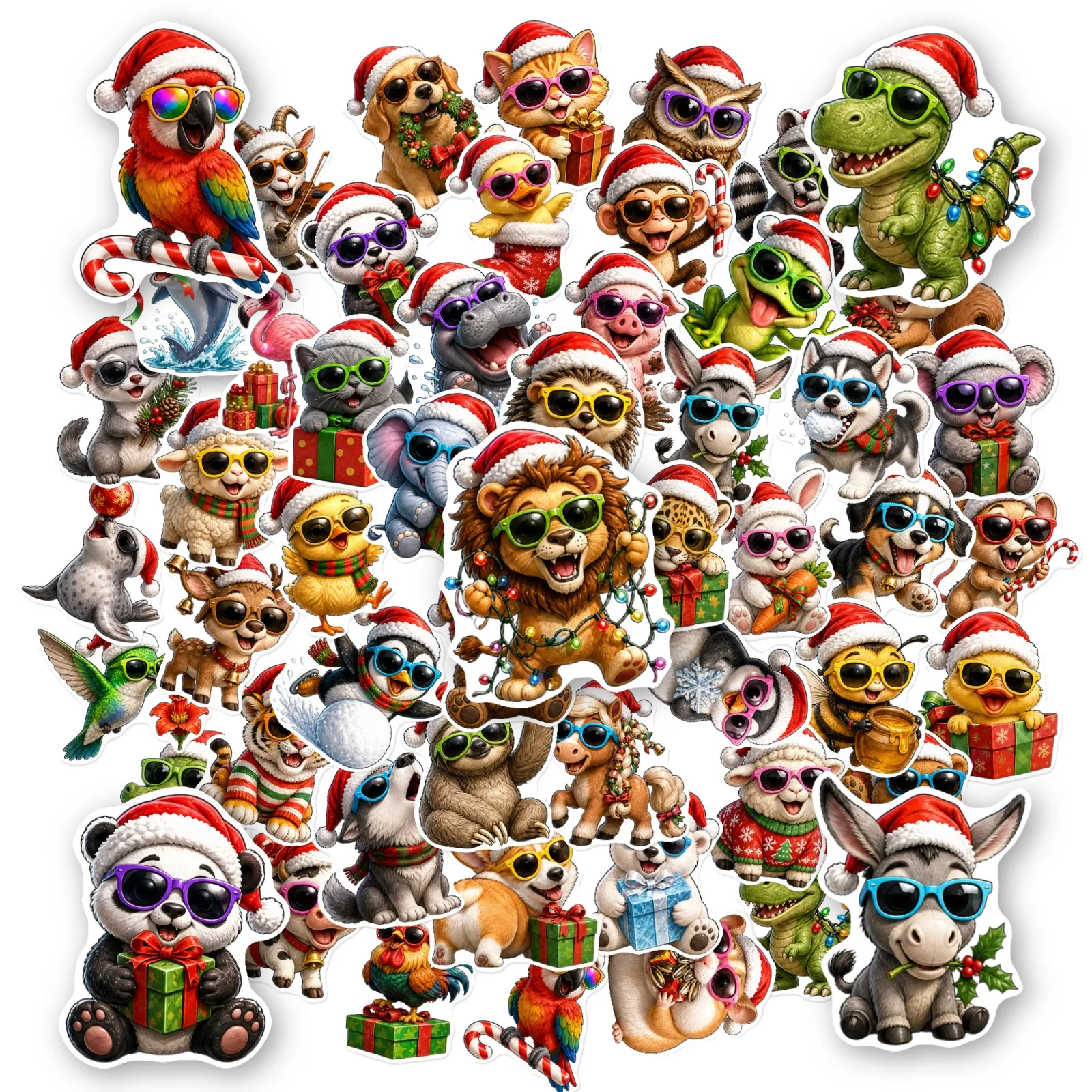 10/150Pcs Christmas Animal Cartoon Stickers Santa Hat Pet Hand Drawn Holiday Waterproof Vinyl Decals for Journal Laptop Gift