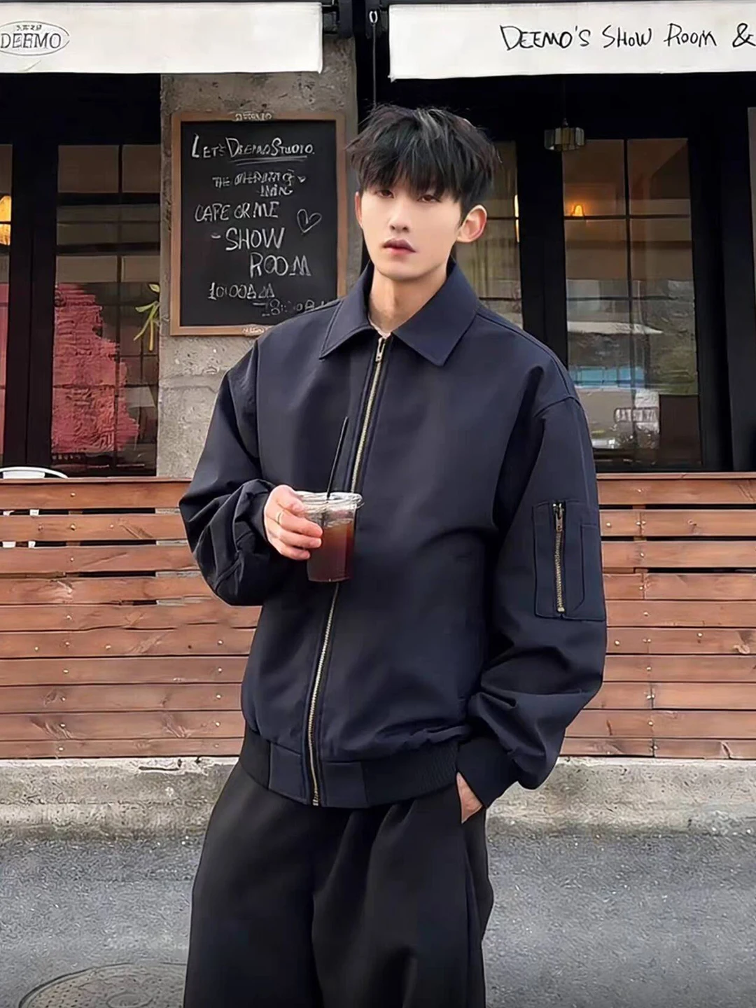 

Cleanfit American Style Baseball Jacket Men's Spring Autumn Flip Collar Flight Coat Loose Fit Long Sleeve Zipper Closure