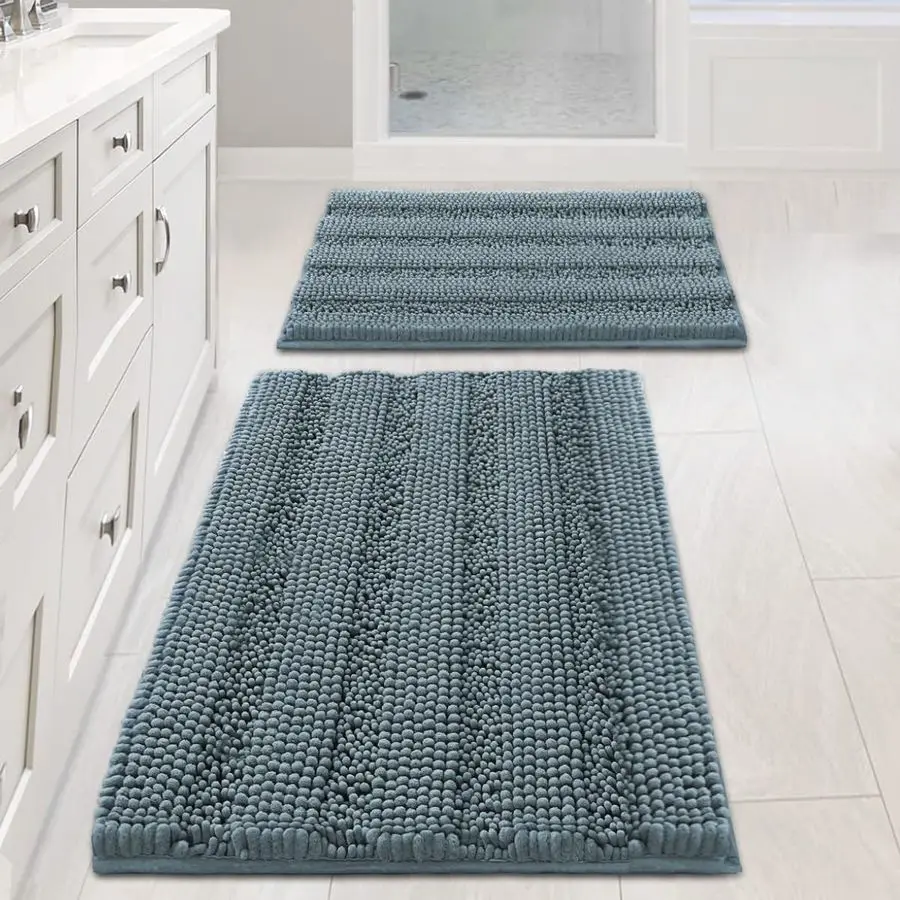 

Slip Thick Shaggy Chenille Bathroom Rug Mat Set Extra Soft and Absorbent Striped Floor Rugs, 2 Piece, MachineWashable