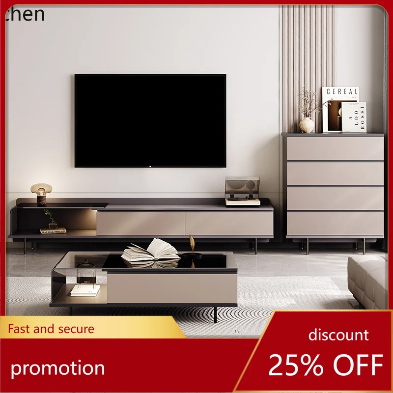 

HT minimalist floor TV cabinet coffee table combination creative high-end living room cabinet with curved glass