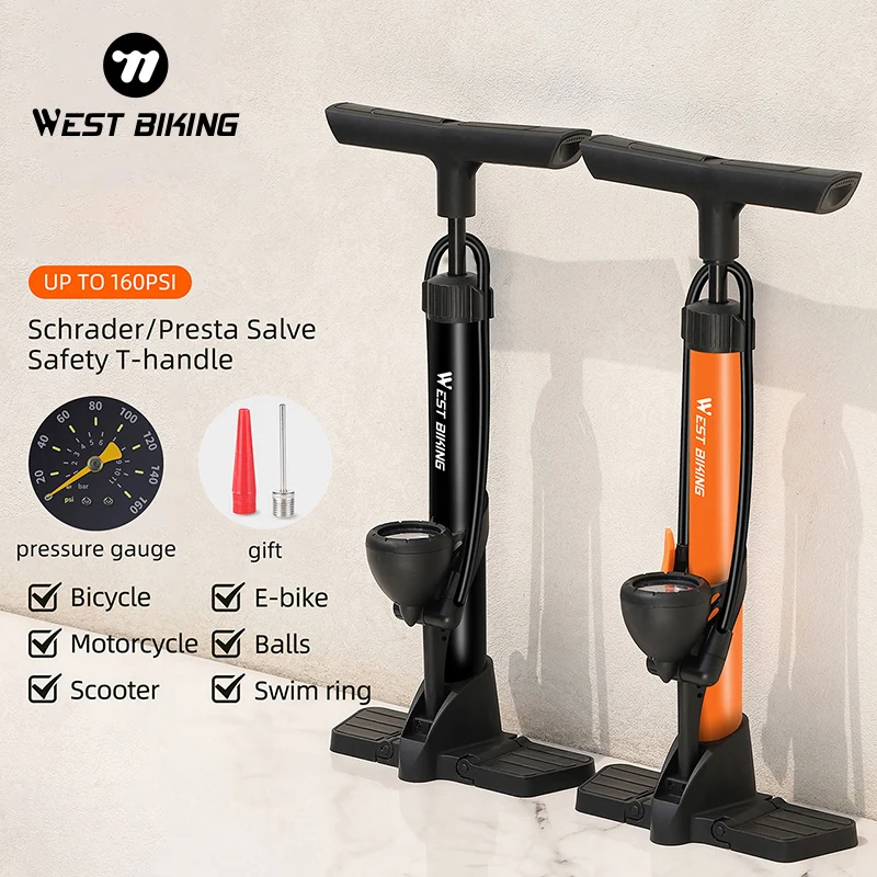 WEST BIKING Bicycle Floor Pump With Pressure Gauge Car Motorcycle Tire Air Inflator Schrader Presta Dunlop Valve Bike Hand Pump