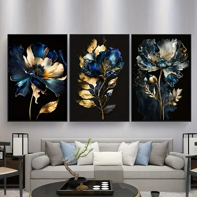 3pcs Canvas Poster Black and Blue Flowers Abstract Oil Painting Gift for Living Room Kitchen Wall Art Wall Decor Home Decoration