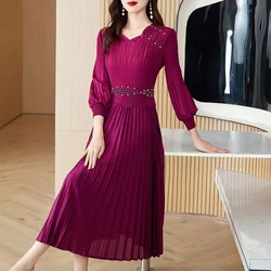 Mike Pleated Dress 2024 New Long sleeved Bubble Sleeves with Diamond A-line Skirt Women's Loose Large Size Slimming Dress