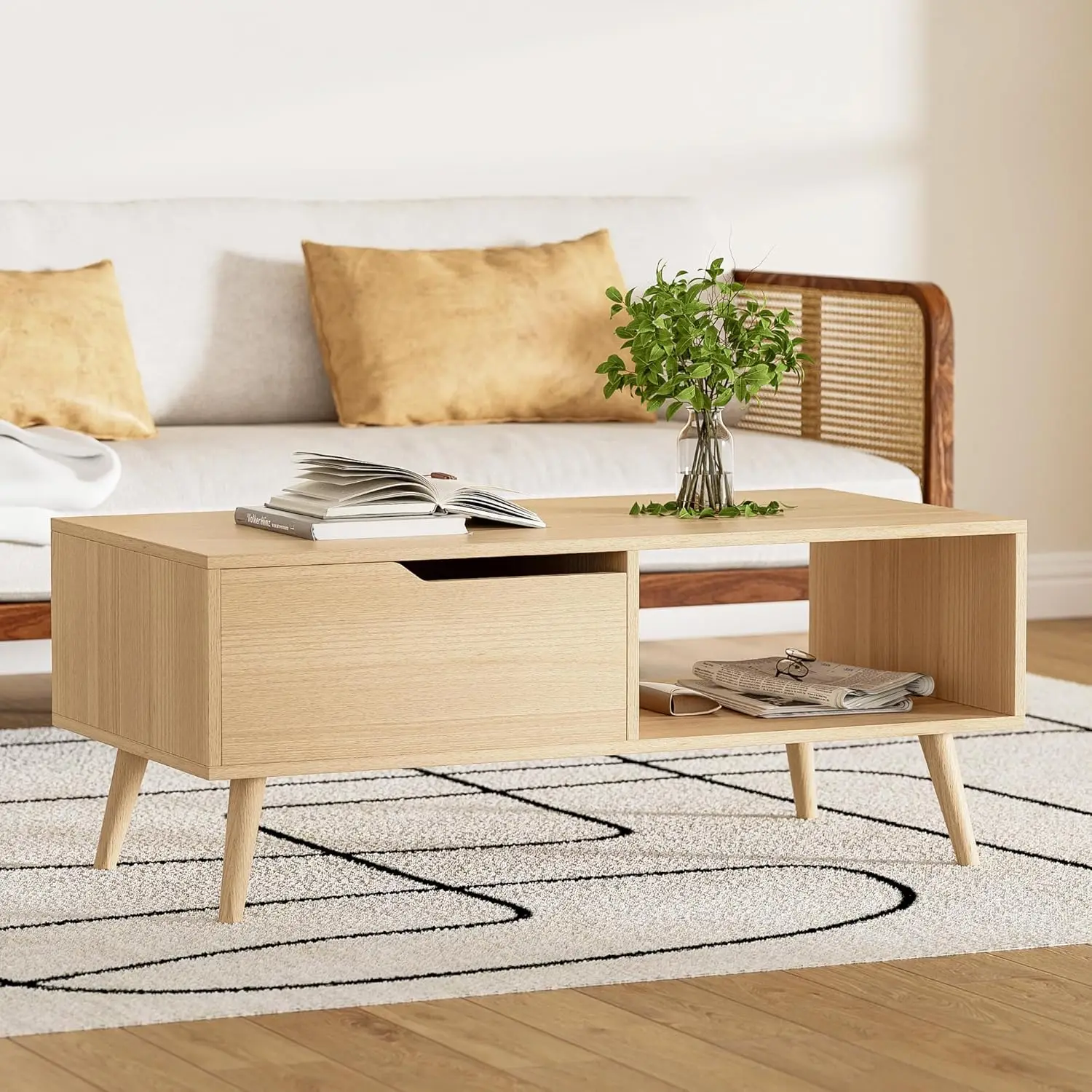 Stolik kawowy z drewna dębowego, stolik kawowy w stylu mid-century modern z szufladą i półką, prosty drewniany stolik konsola 99 cm, możliwość personalizacji