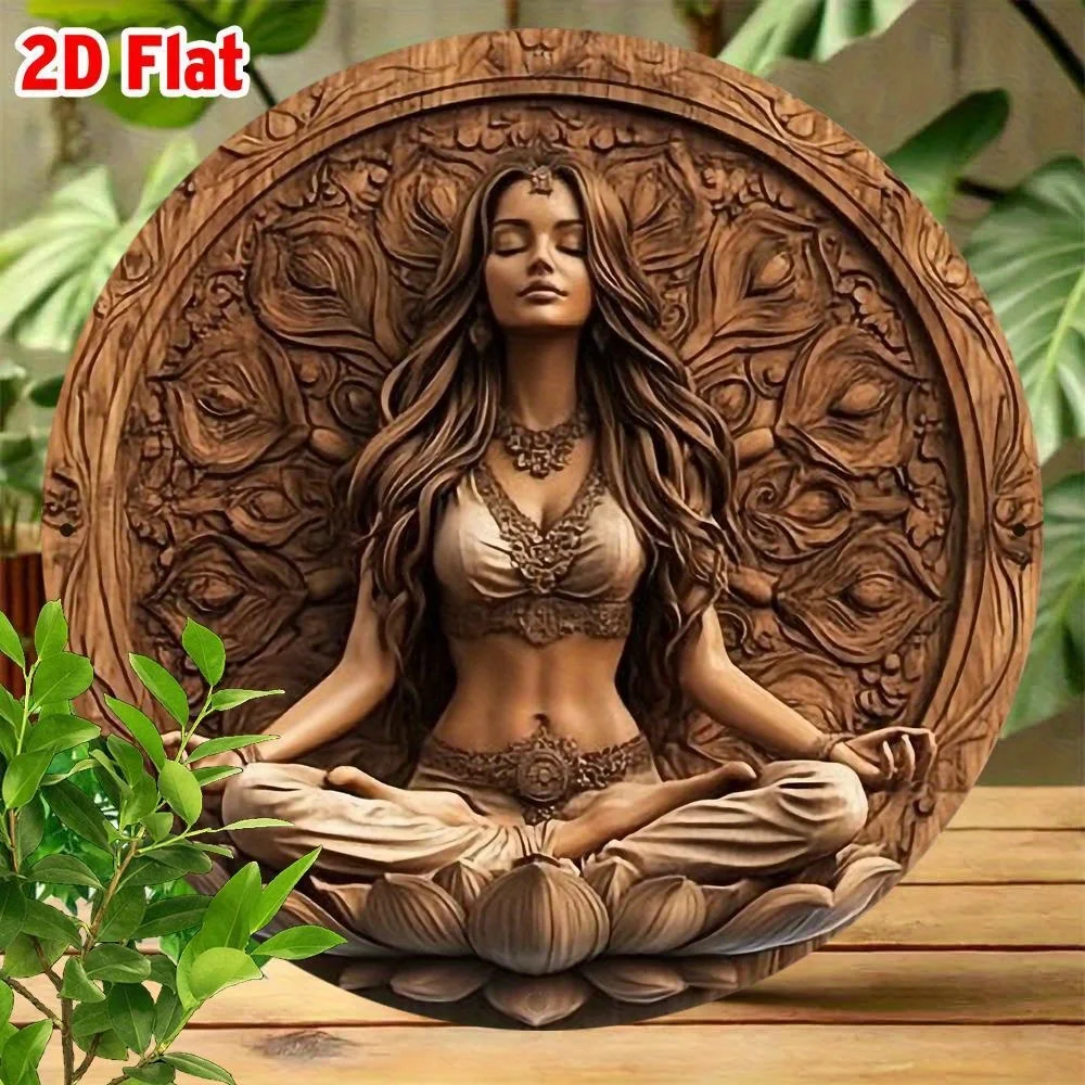 2D Flat, 2D Flat 1pc Vintage Yoga Meditation Round Wreath Sign - 20.32X20.32 cm Aluminum Wall Art with Serene Woman in for Lotus image 3