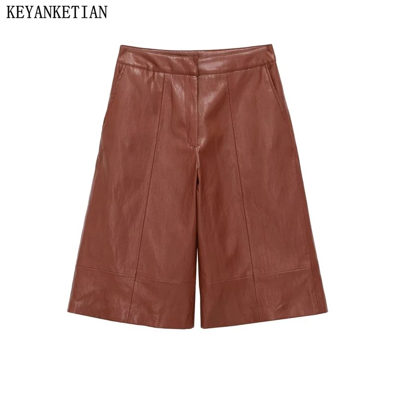 KEYANKETIAN 2026 Summer New Woman Retro Faux Leather Culottes High Waist Straight Leg Knee Length Brown Casual Pants Shorts
