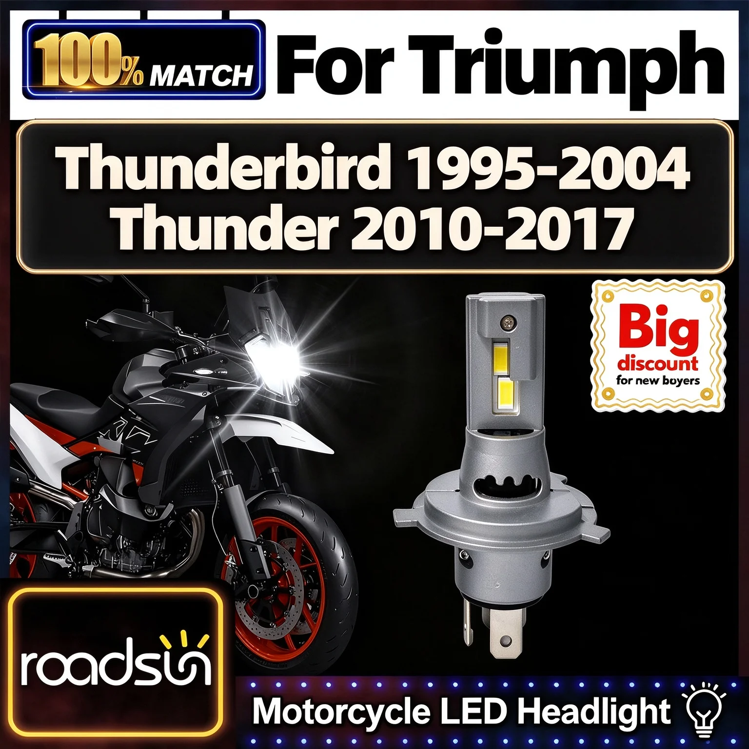 Roadsun For Triumph Thunderbird 1995 1996-2004 Thunder 2010 2011 2012-2017 Motorcycle LED Headlight Bulbs Moto Headlamp Ampoules