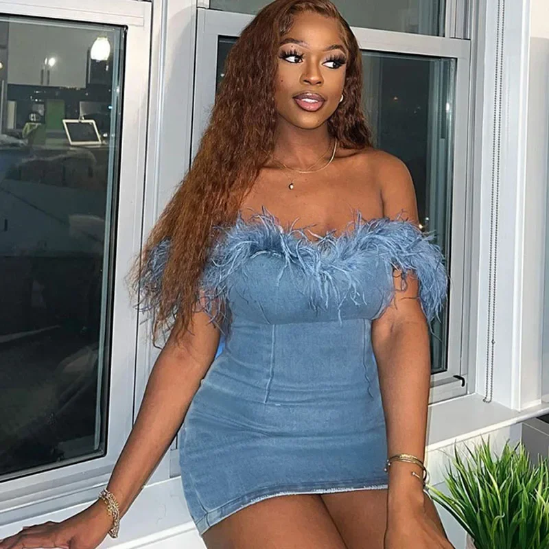 

Elegant Feathers Blue Denim Short Dress Women Off The Shoulder Strapless Jean Partchwork Nightclub Party Bodycon Sexy Mini Dress