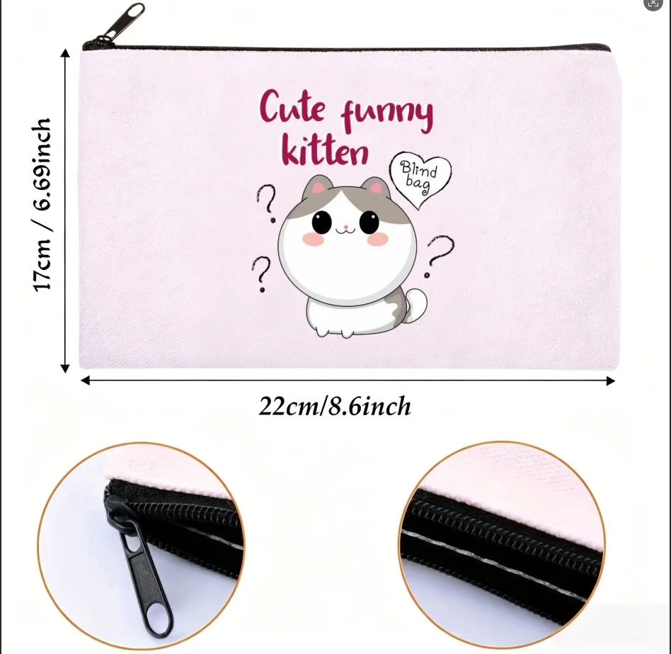 1PC Double-sided Print Canvas Pouch Cartoon Kitten Blind Bag Zipper Cosmetic Storage Pouch