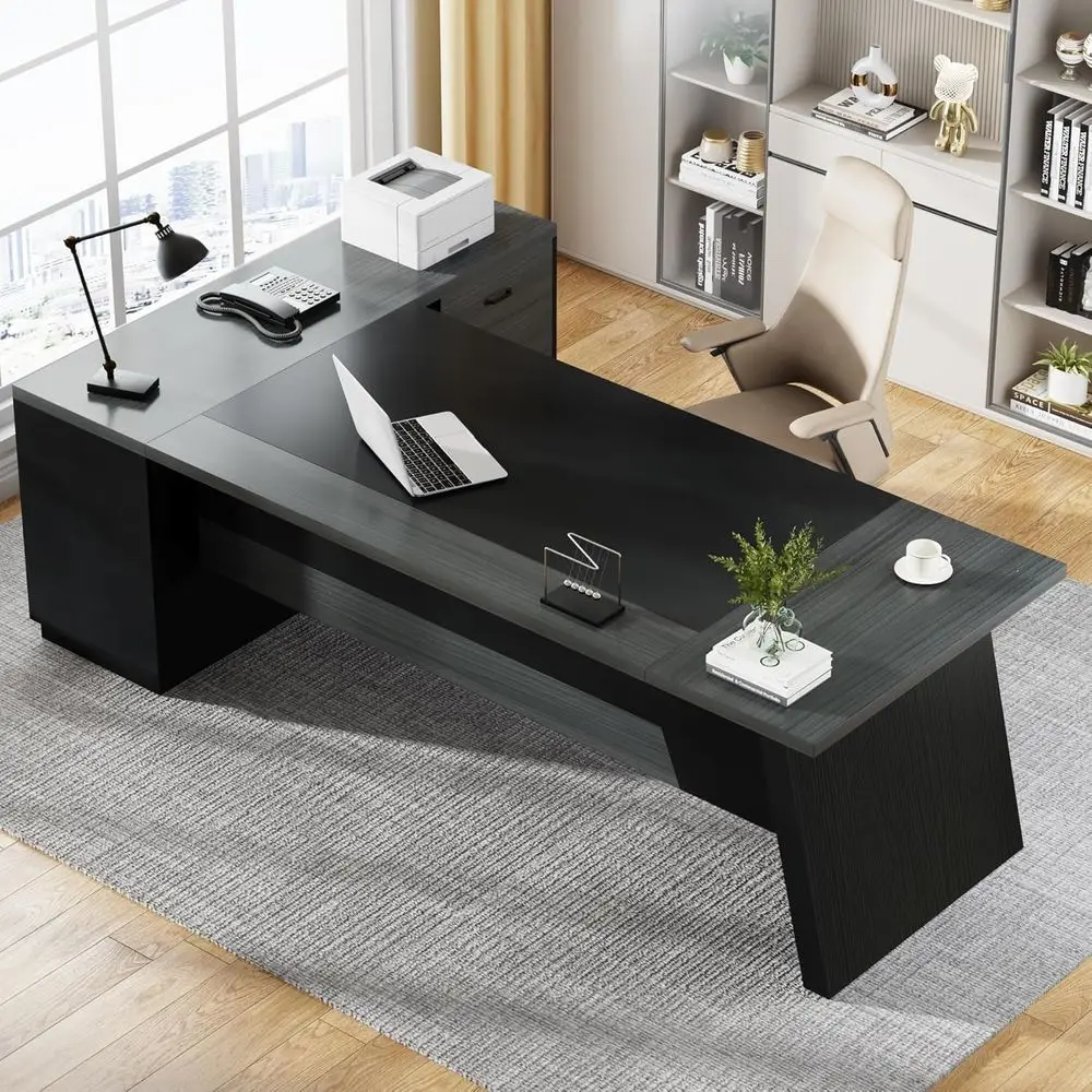 78-Inch Modern L-Shaped Desk with Storage, Lateral File Cabinet, and Shelves for Home or Office (Grey + Black)