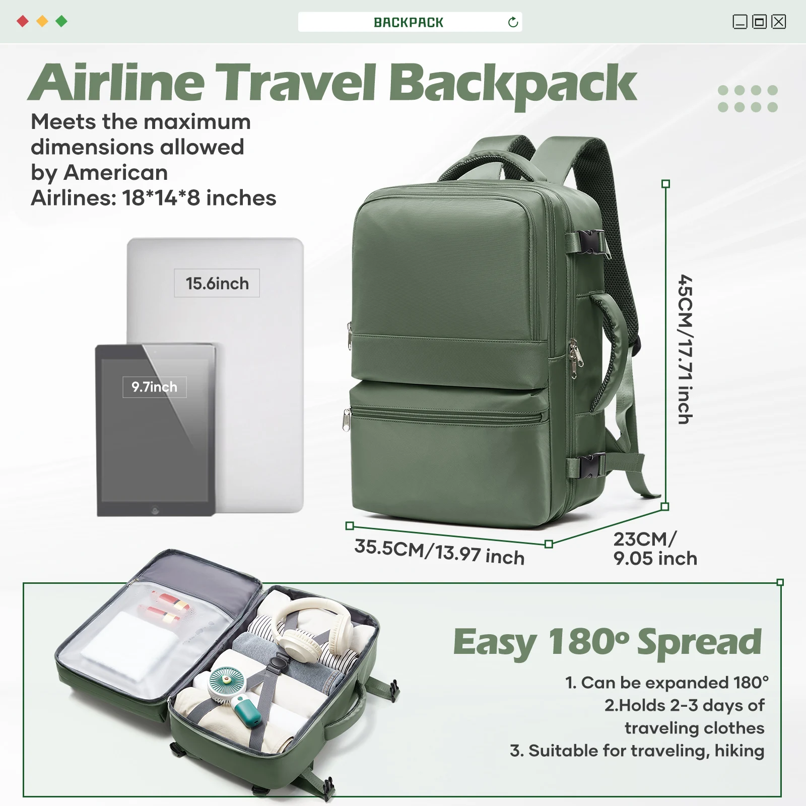 حقيبة ظهر للسفر لمقصورة الطائرات للمسافات القصيرة مقاس 45 × 36 × 20 حقيبة ظهر للأمتعة اليدوية حقيبة المقصورة حقيبة حمل الطائرة، حقيبة ظهر للكلية