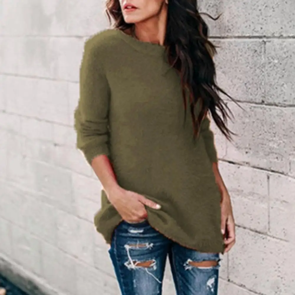 Chic Women Autumn Warm Sweater Solid Color O Neck Long Sleeve Knitwear Pullover Plus Size Sweater Blouse Ladies Hipster Clothing