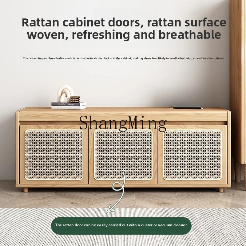 

ZYYexquisite wood shoes changing stool seated shoe cabinet, flip storage at the door of the home, retro rattan short shoecabinet