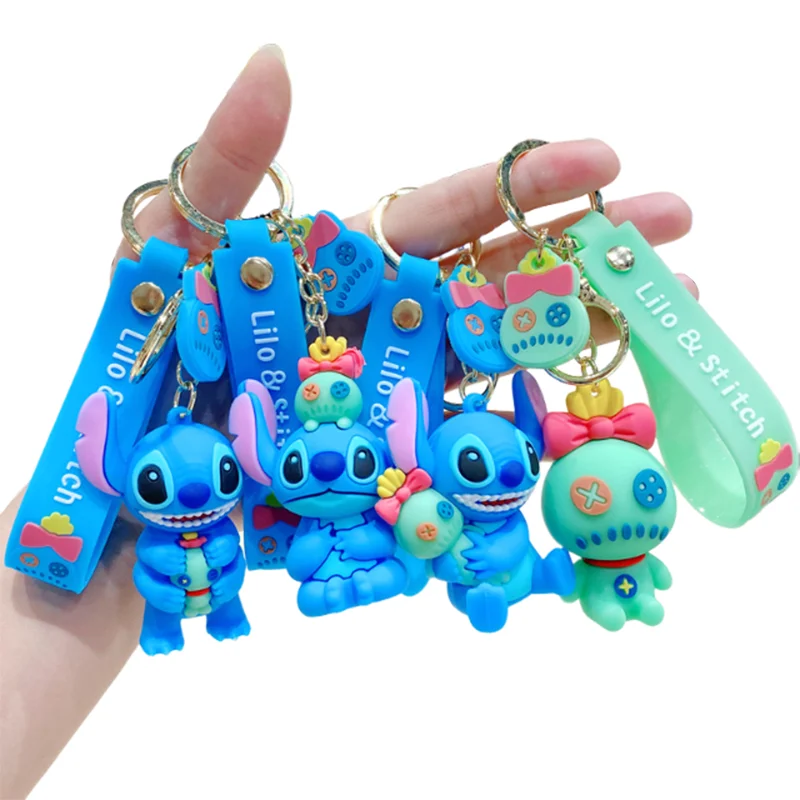 Anime Cartoon Disney Stitch Riding Scooter Taking a Steamship Car Keychain Boys Girls Lovely Action Figure Model Keyring Pendant