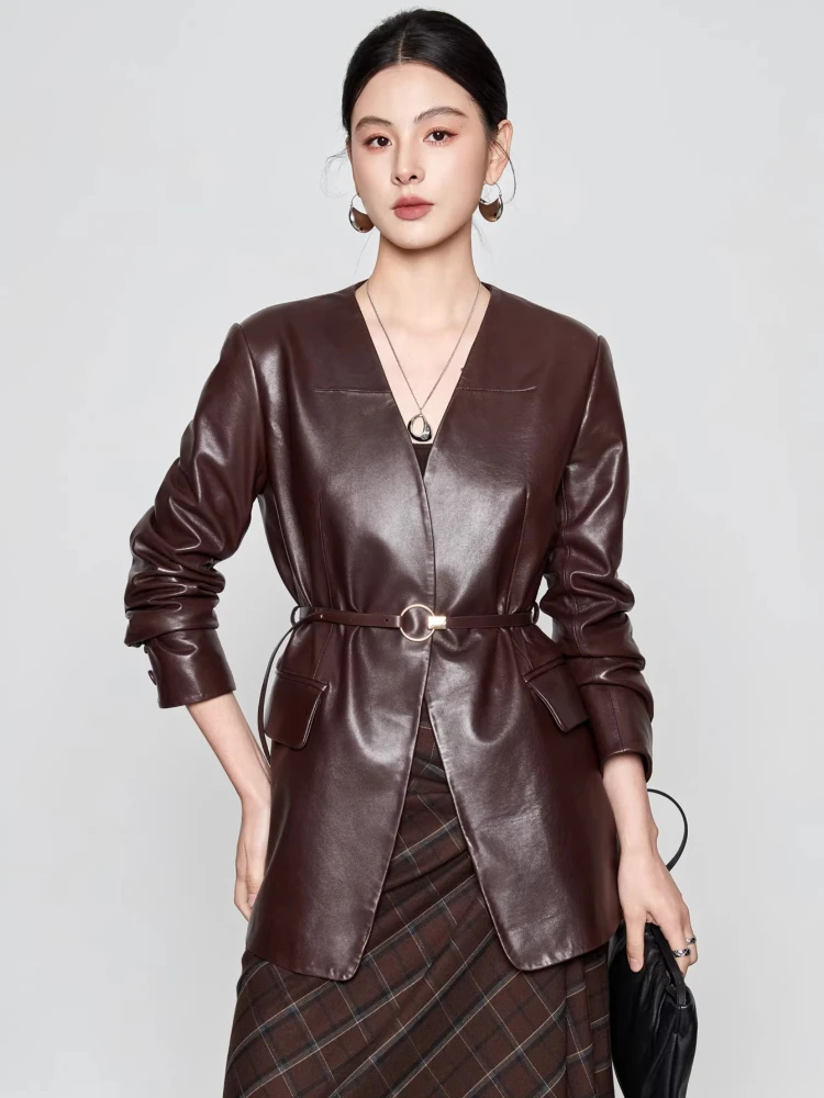 

V-neck Genuine Leather Blazer Jackets for Women Spring Autumn High-end Simple Solid Soft Oil Wax Real Sheepskin Coat with Belt