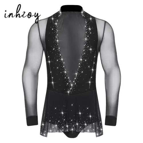 Leotardo de baile de Jazz latino Samba para hombre, cuello en V profundo, manga larga, diamantes de imitación brillantes, mono Peplum de malla transparente, Ropa de baile de salón y Salsa