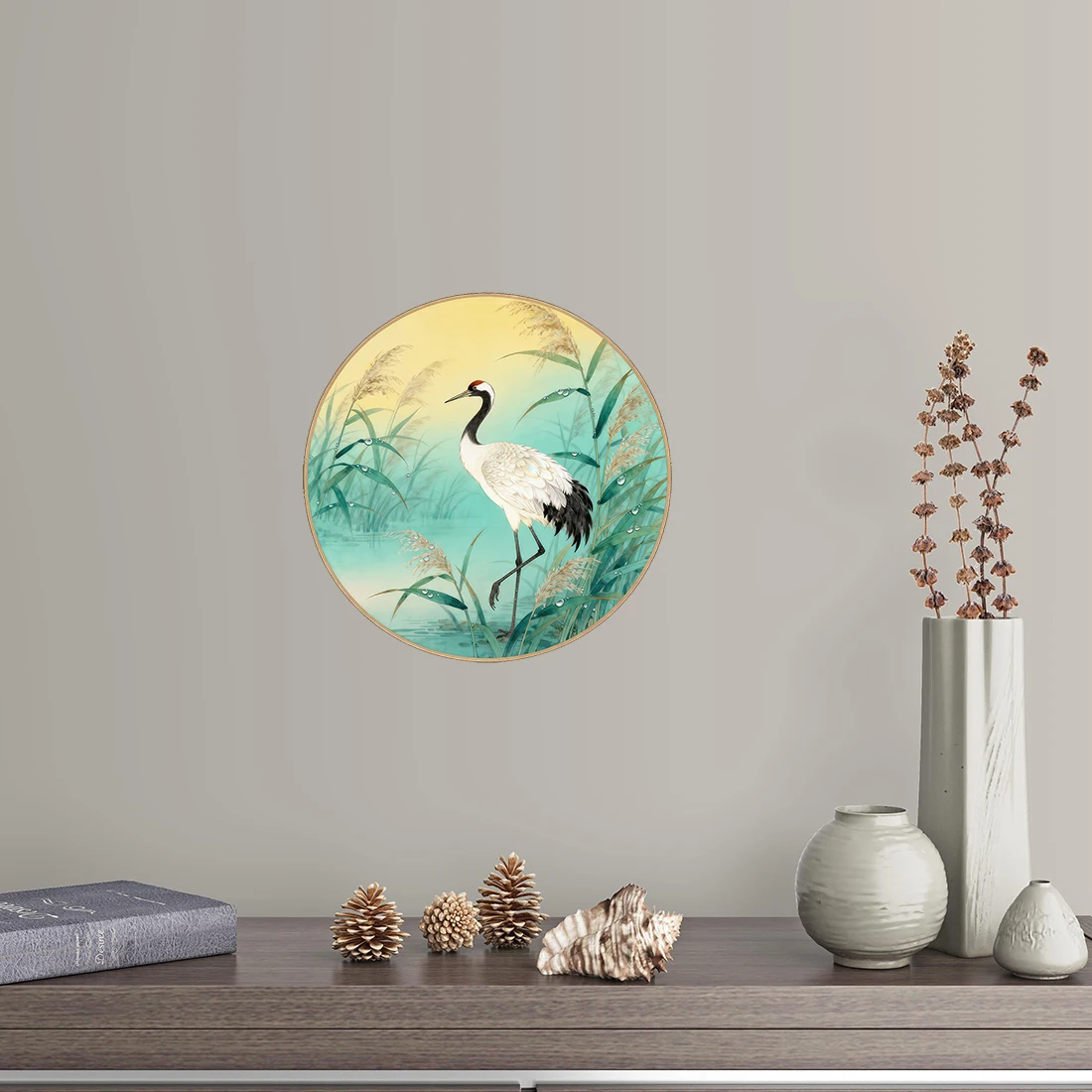 Three Ratels CFN29 crane among the reeds in the morning Elegant Art Wall stickers for home decoration