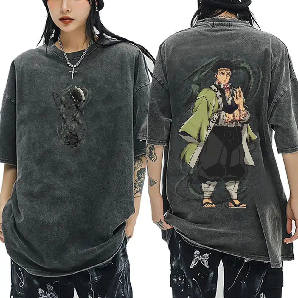

Washed Vintage Anime Demon Slayer Stone Hashira Himejima Gyomei Graphic Print T-shirt Men Women Fashion Retro Oversized T Shirts