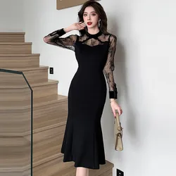 Ladies Elegant Slim Mermaid Dress New Arrival 2024 Spring England Style Patchwork Mesh Sheath Women Party Dresses W1626