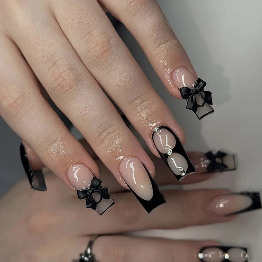 24-Piece Set of Black French Nude Press-On Nails with Bowknot and Rhinestone Decorations, Medium-Length Trapezoidal Detachable Nail Tips Set with Jelly Glue Nail File