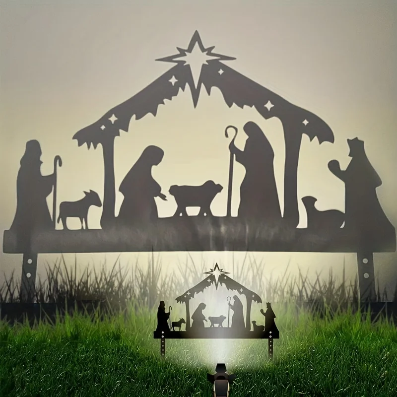1pc Metal Outdoor Silhouette Nativity Garden Lawn Garden Logo Decoration With Metal Pile, Halloween Christmas Eve Metal Craft
