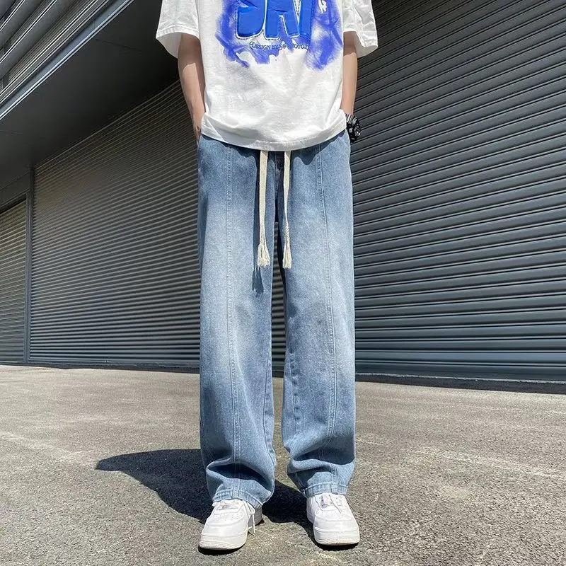 Men Fashion High Street Jeans Casual Harem Pants Letter Print Light Blue Sweatpants Trousers Drawstring Homens Jeans Denim Pants