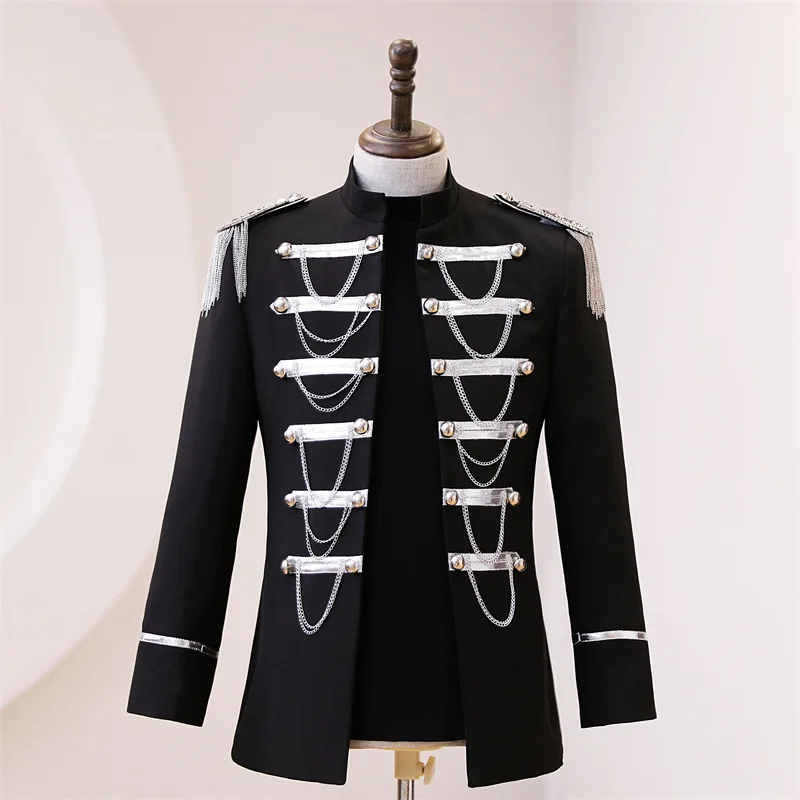 

Black Military Blazer For Men Fashion Silver Fringed Singer Stage Suit Coats Male Stand Collar Performance Steampunk DJ Costume