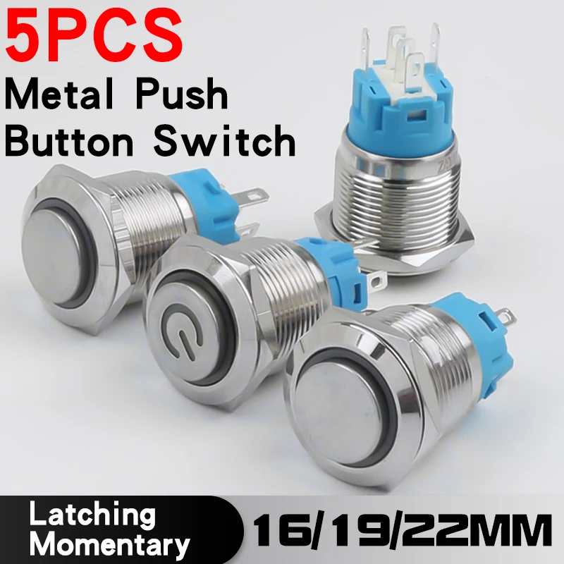 

5PCS Metal Button Switch High Head 16/19/22MM 5Pin With Led 1NO1NC Momentary Latching Waterproof Button 12V 24V 220V