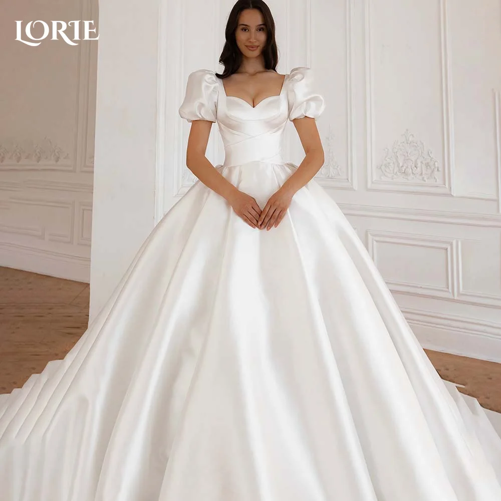 

LORIE Elegant Women's Wedding Dress Satin Backless Puff Sleeve A-line Bride Gowns Smiple Bow Bride Party Dress vestidos de novia