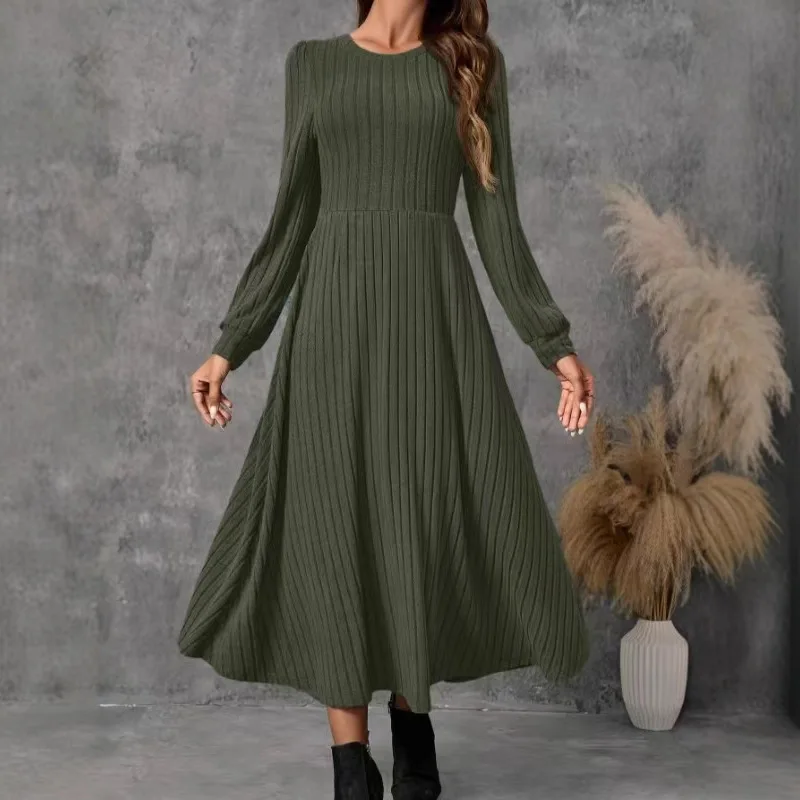 

2025 Autumn and Winter Fashion Elegant Dress Round Neck Solid Color Knitted Women's Long Sleeve Dress