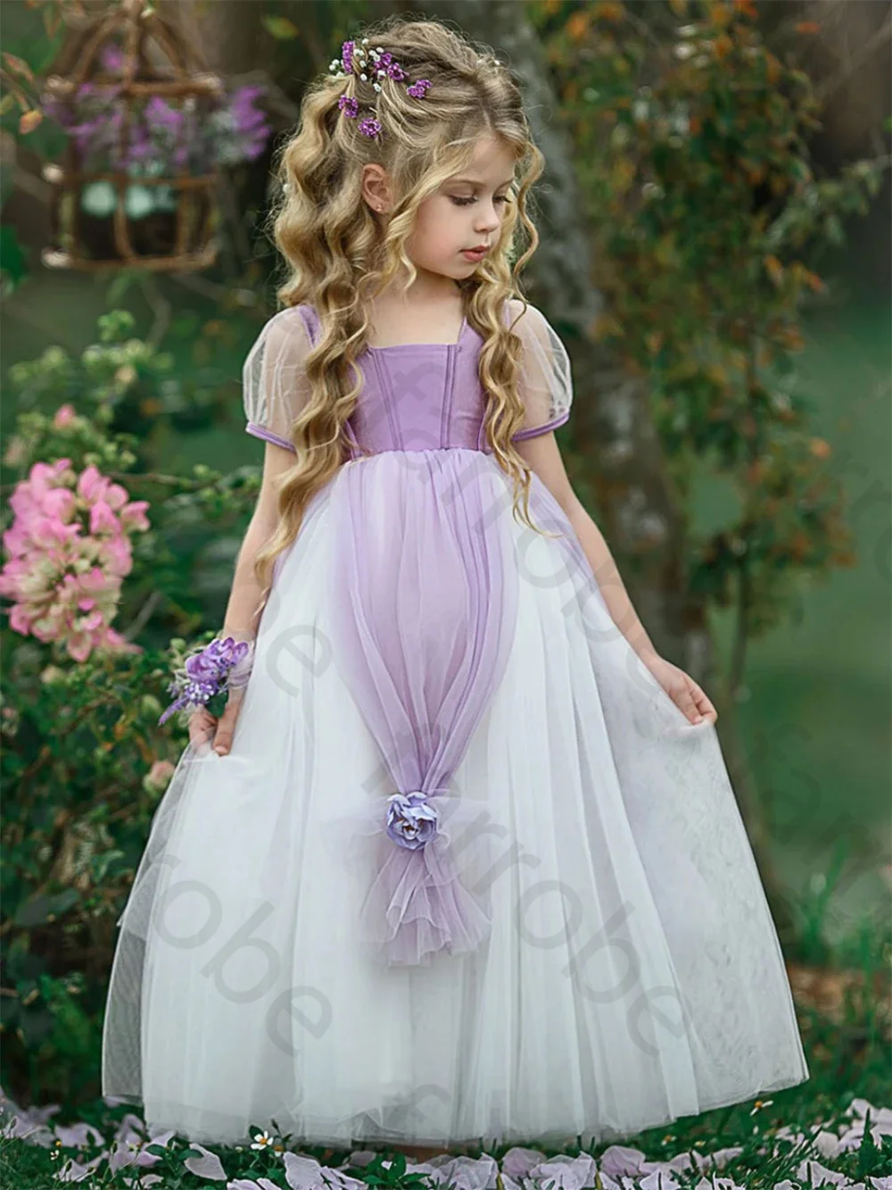 Robe de Princesse en Tulle pour Fille, Vêtement à la Mode Personnalisé, avec Fleurs 3D, Manches Cape, Violet, pour ixde Mariage, Anniversaire, Quelle que soit