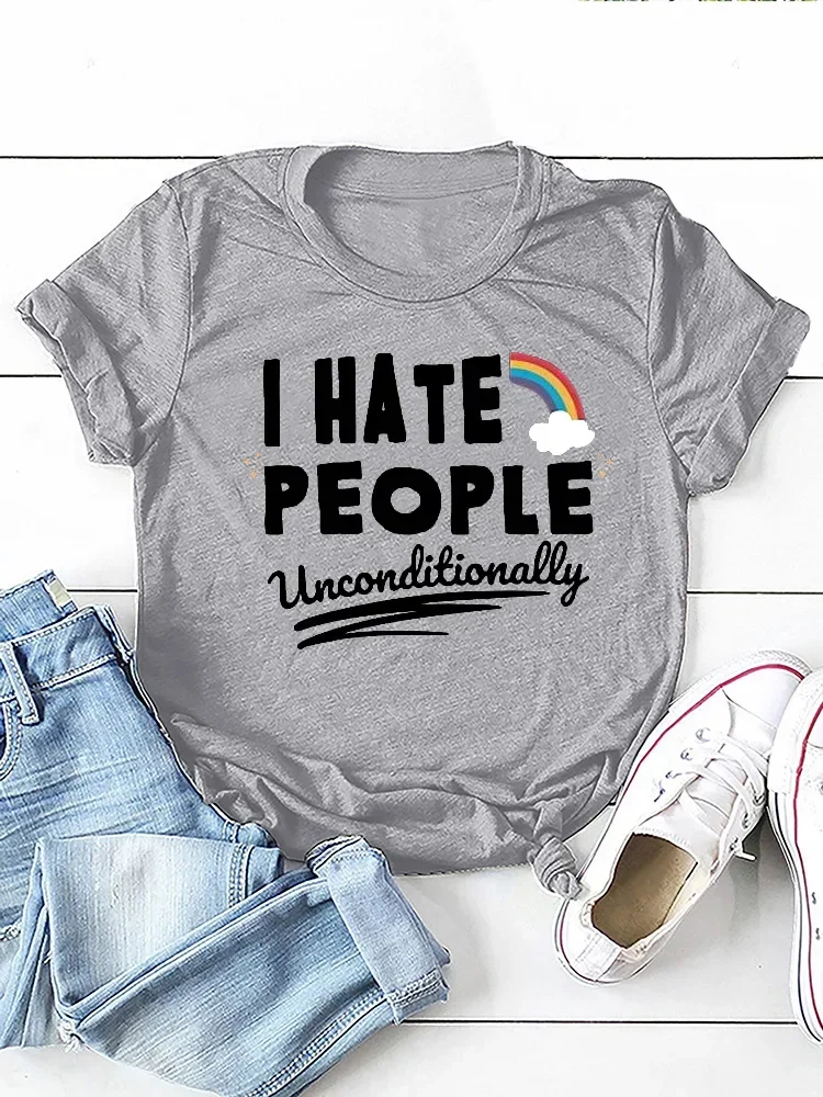 I Hate People Rainbow Print Women T Shirt Short Sleeve O Neck Loose Women Tshirt Ladies Tee Shirt Tops Camisetas Mujer