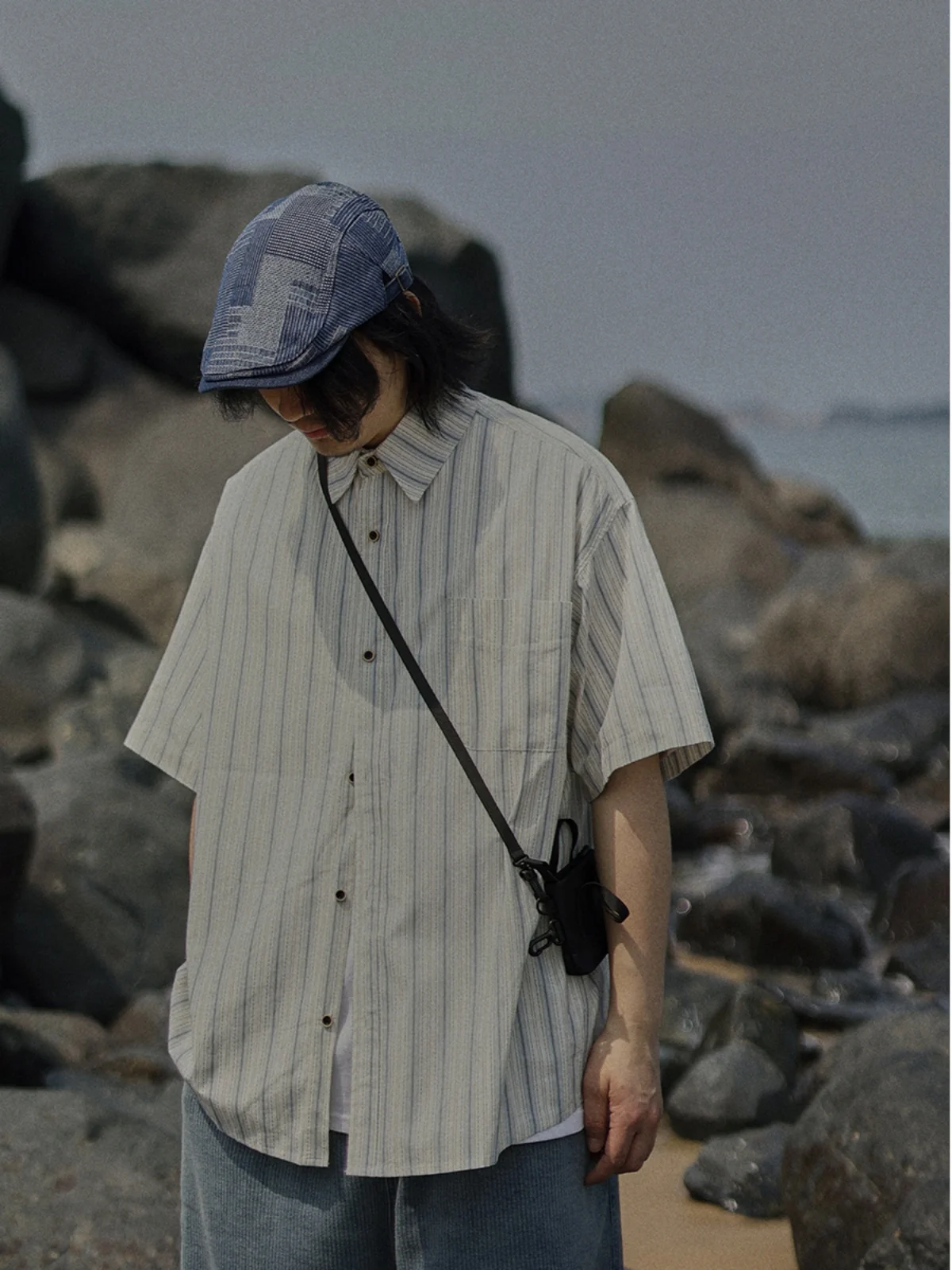

Retro Japanese Design Striped Shirt Unisex Loose Casual Summer Outerwear Short Sleeve Flip Collar Youth Fashion
