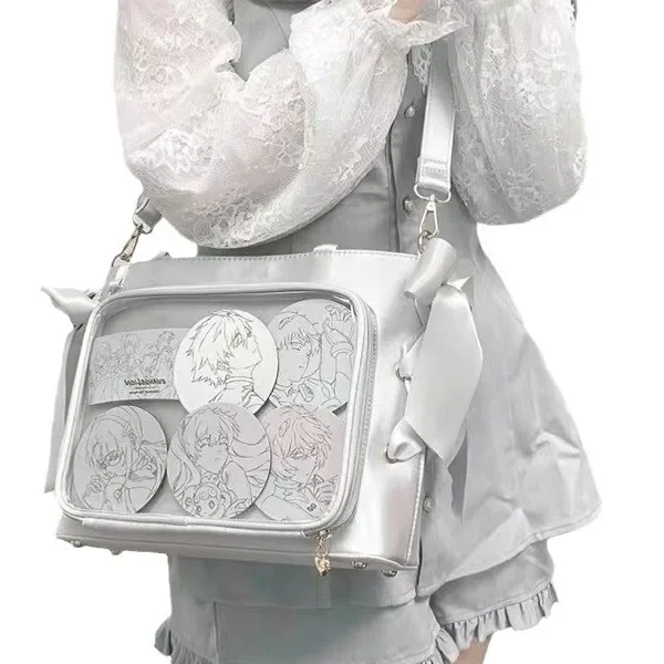 

Children Shoulder ItaBag Silver Gray Large Capacity Satin Ribbon Lolita Square Crossbody Bag High-End Visual Design Purse
