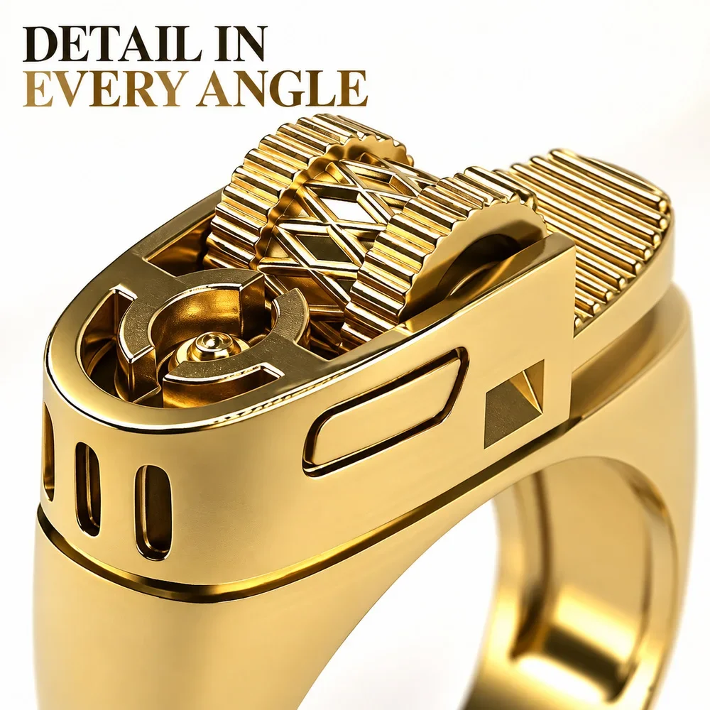 Unisex Lighter Inspired Fashion Ring, Chunky Plated Alloy Band with Detailed Top, Gold Silver Tone, Creative Gift Accessory