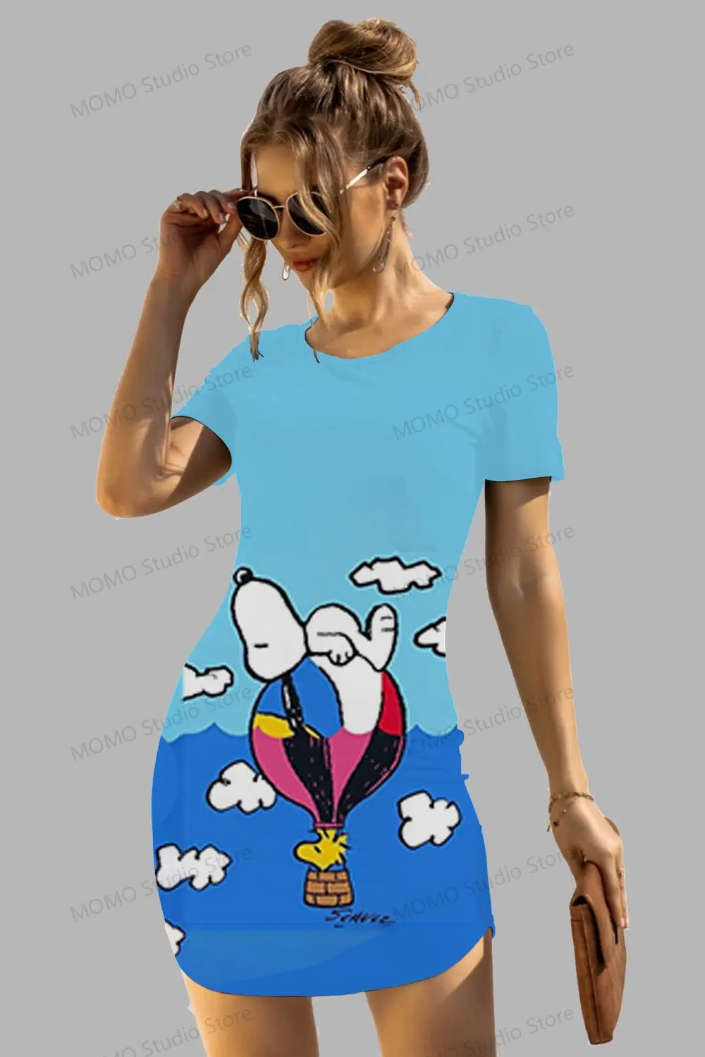 Kawaii Women's Short Sleeve Hip Dresses Snoopy New Dress  Y2k O Neck S-3XL Boho Summer 2024 Fashion Elegant Sexy 2024 Neck