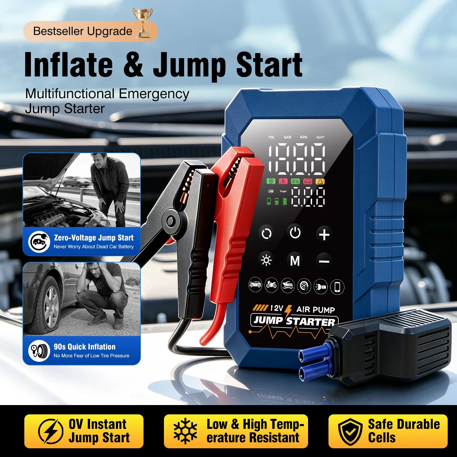Portable Car Jump Starter 150PSI Emergency Battery Booster Air Pump Tire Inflator LED Flashlight Type-C for SUV Motorcycle CE