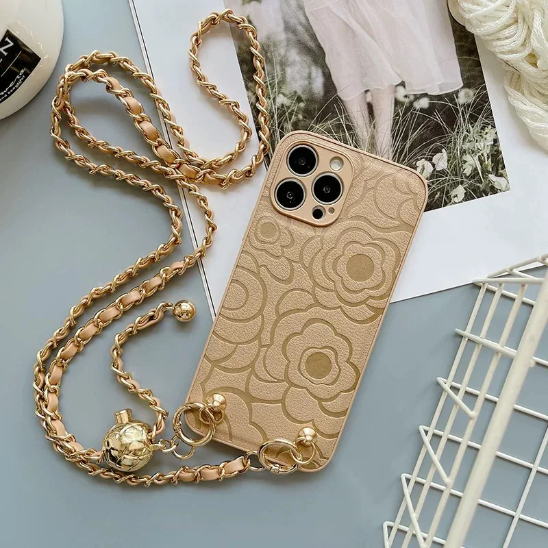 Luxury Retro Camellia Leather Phone Case For iPhone 16 15 14 13 12 11 Pro Max XR X XS Crossbody Adjustable Ball Long Chain Cover