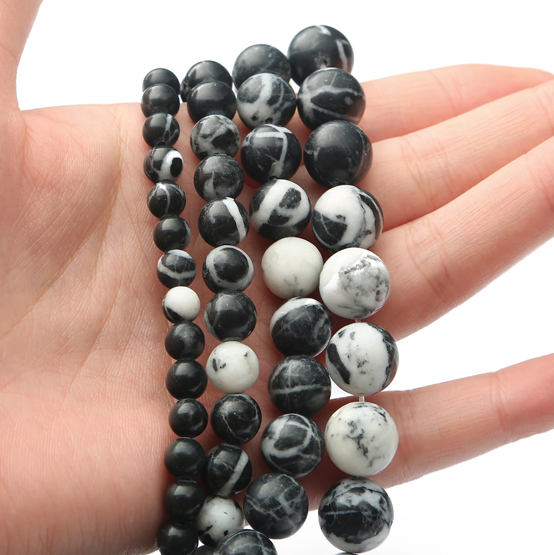 Naturstein Schwarz-Weiß-Marmor-Jaspis Runde lose Spacer-Perlen für die Schmuckherstellung DIY Armband Halskette Zubehör – Detail 1
