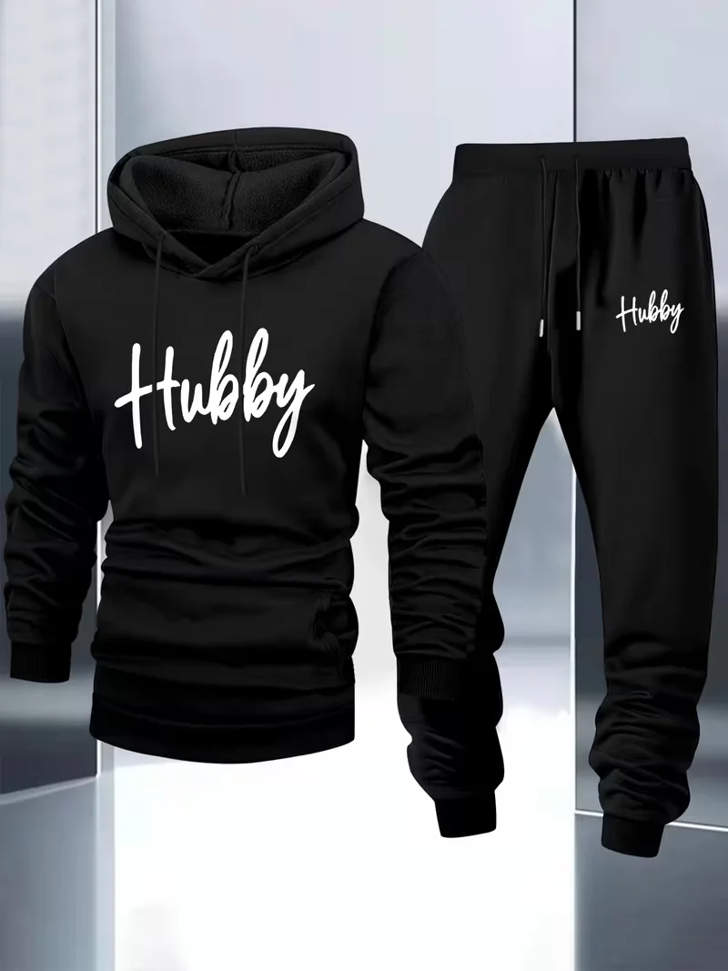 Men 2 Piece Tracksuit Hubby Handwritten Letter Print Hoodie SetCasual Hooded Sweatshirt + Jogger Pants Male Street Sports Outfit